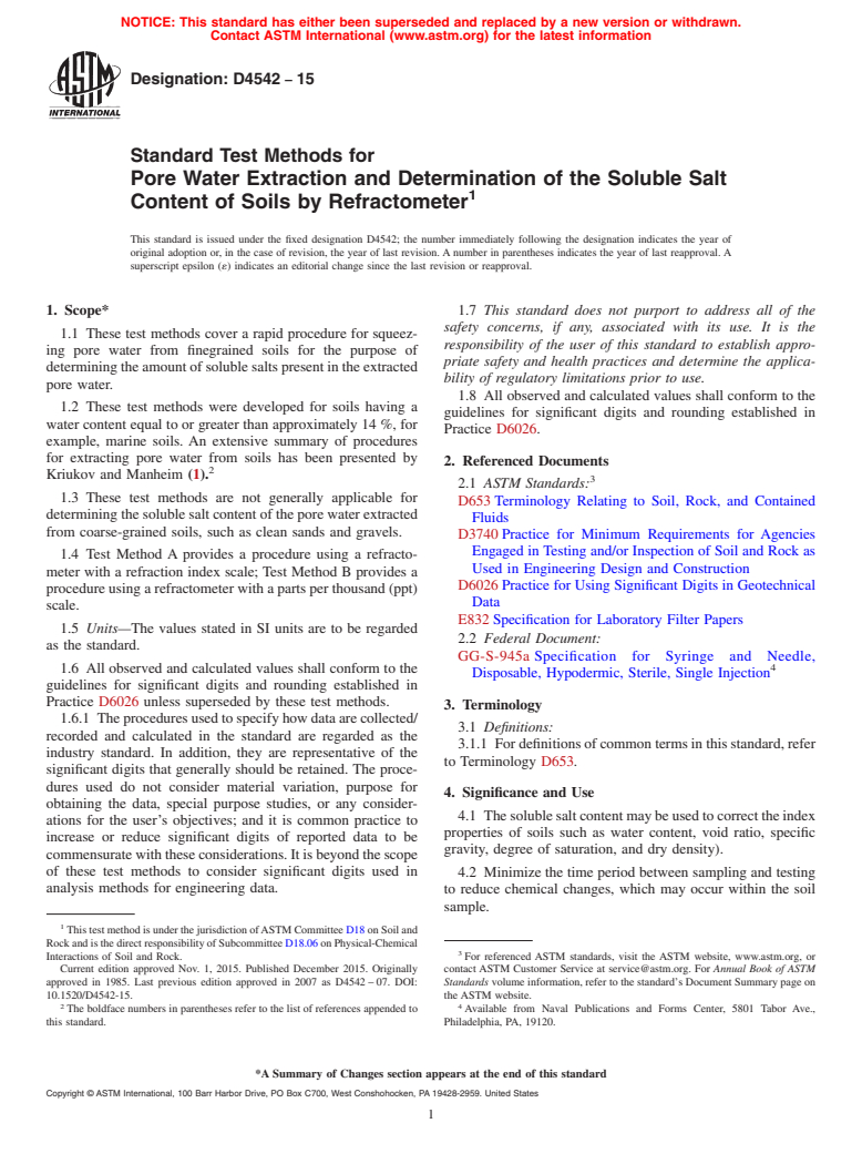 ASTM D4542-15 - Standard Test Methods for Pore Water Extraction and Determination of the Soluble Salt  Content of Soils by Refractometer