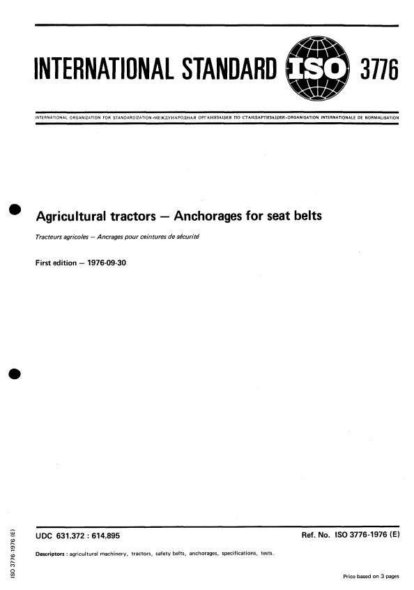 ISO 3776:1976 - Agricultural tractors -- Anchorages for seat belts