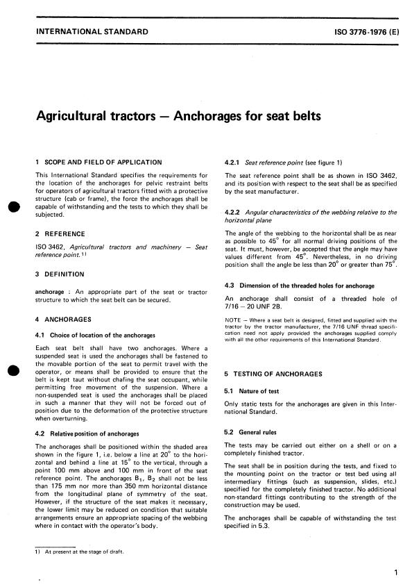 ISO 3776:1976 - Agricultural tractors -- Anchorages for seat belts