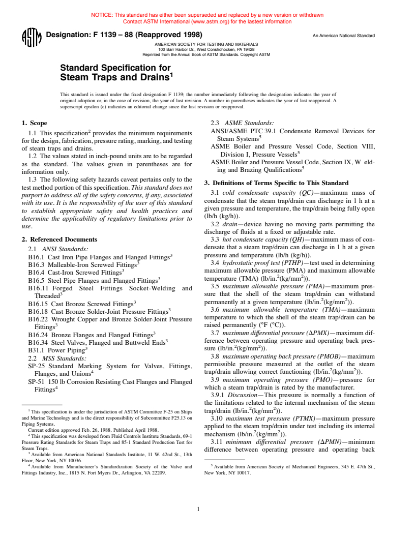 ASTM F1139-88(1998) - Standard Specification for Steam Traps and Drains