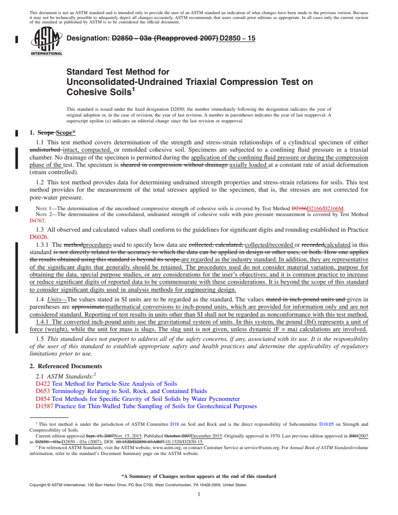 REDLINE ASTM D2850-15 - Standard Test Method for Unconsolidated-Undrained Triaxial Compression Test on Cohesive  Soils