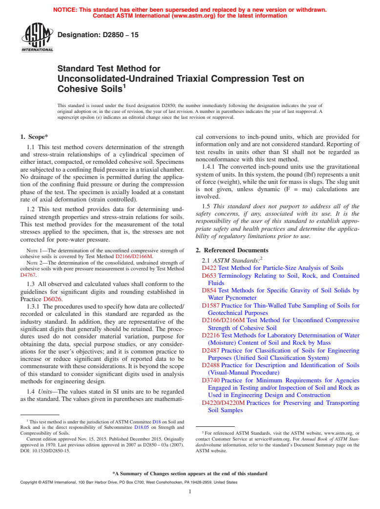 ASTM D2850-15 - Standard Test Method for Unconsolidated-Undrained Triaxial Compression Test on Cohesive  Soils