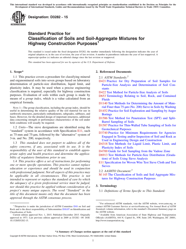 ASTM D3282-15 - Standard Practice for  Classification of Soils and Soil-Aggregate Mixtures for Highway  Construction Purposes