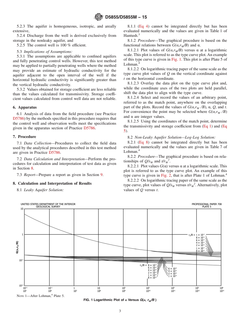 ASTM D5855/D5855M-15 - Standard Test Method for  (Analytical Procedure) for Determining Transmissivity and Storage  Coefficient of Confined Nonleaky or Leaky Aquifer by Constant Drawdown  Method in Flowing Well