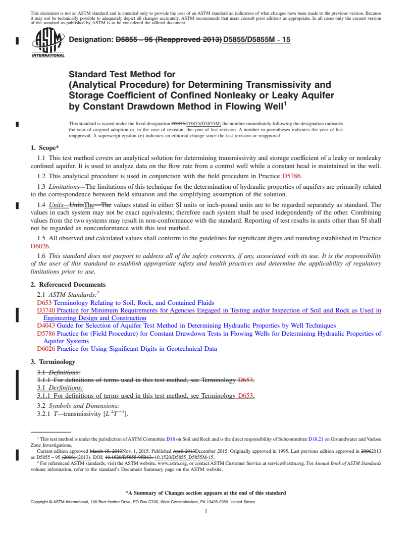 REDLINE ASTM D5855/D5855M-15 - Standard Test Method for  (Analytical Procedure) for Determining Transmissivity and Storage  Coefficient of Confined Nonleaky or Leaky Aquifer by Constant Drawdown  Method in Flowing Well