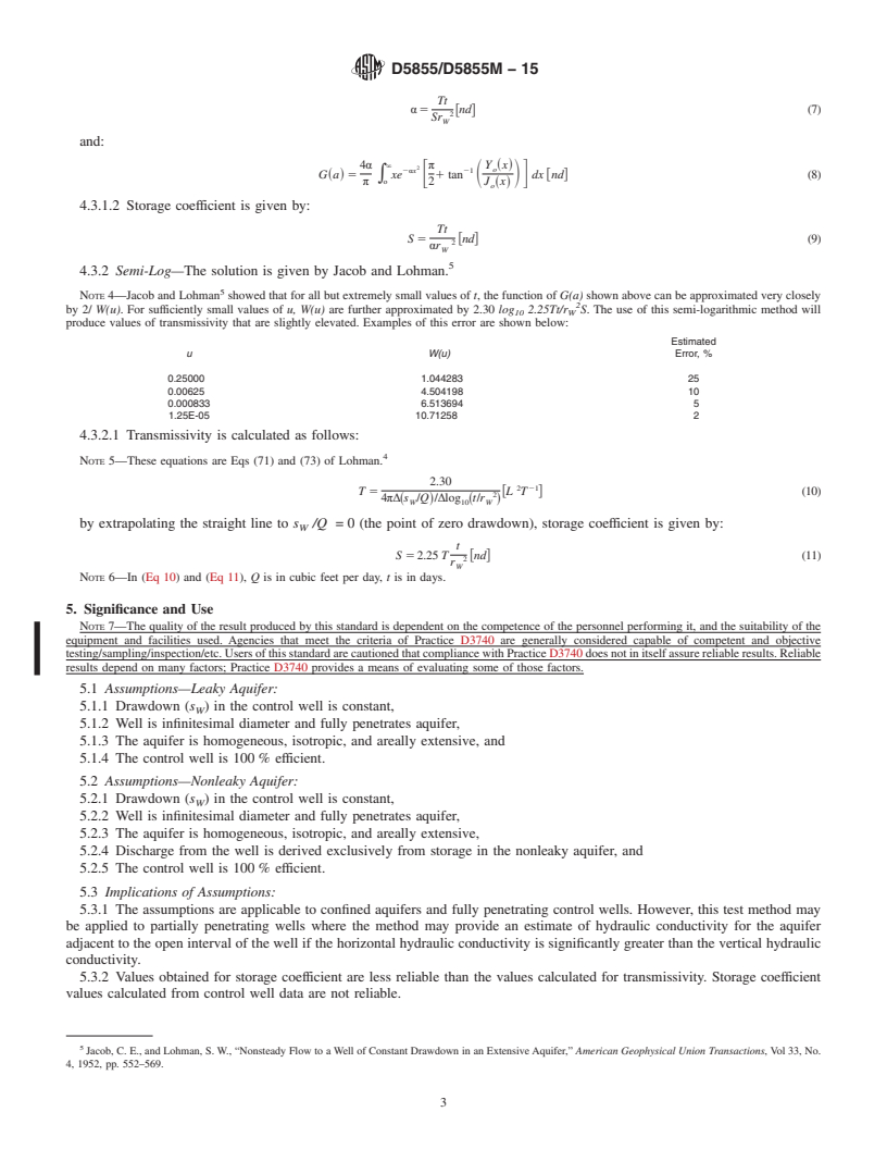 REDLINE ASTM D5855/D5855M-15 - Standard Test Method for  (Analytical Procedure) for Determining Transmissivity and Storage  Coefficient of Confined Nonleaky or Leaky Aquifer by Constant Drawdown  Method in Flowing Well