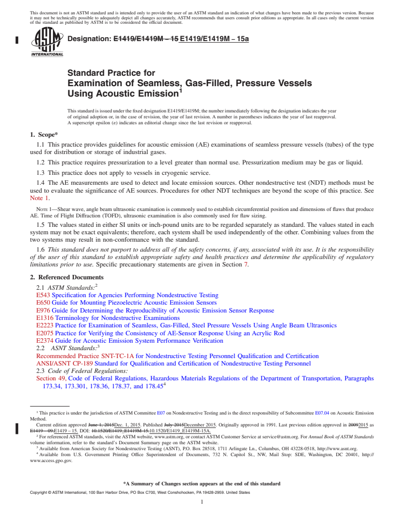 REDLINE ASTM E1419/E1419M-15a - Standard Practice for  Examination of Seamless, Gas-Filled, Pressure Vessels Using  Acoustic Emission