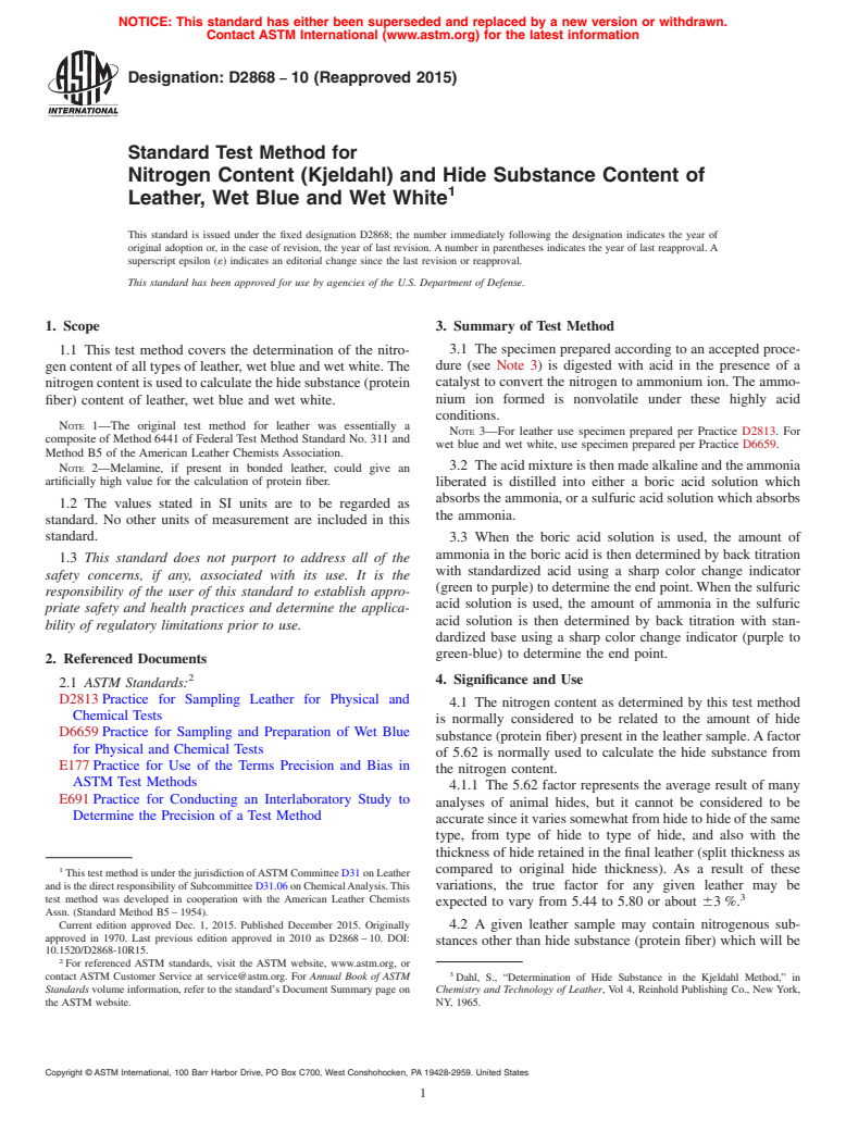 ASTM D2868-10(2015) - Standard Test Method for  Nitrogen Content (Kjeldahl) and Hide Substance Content of Leather,  Wet Blue and Wet White