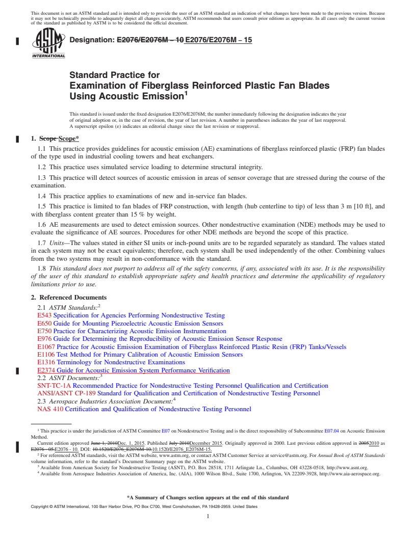 REDLINE ASTM E2076/E2076M-15 - Standard Practice for  Examination of Fiberglass Reinforced Plastic Fan Blades Using  Acoustic Emission