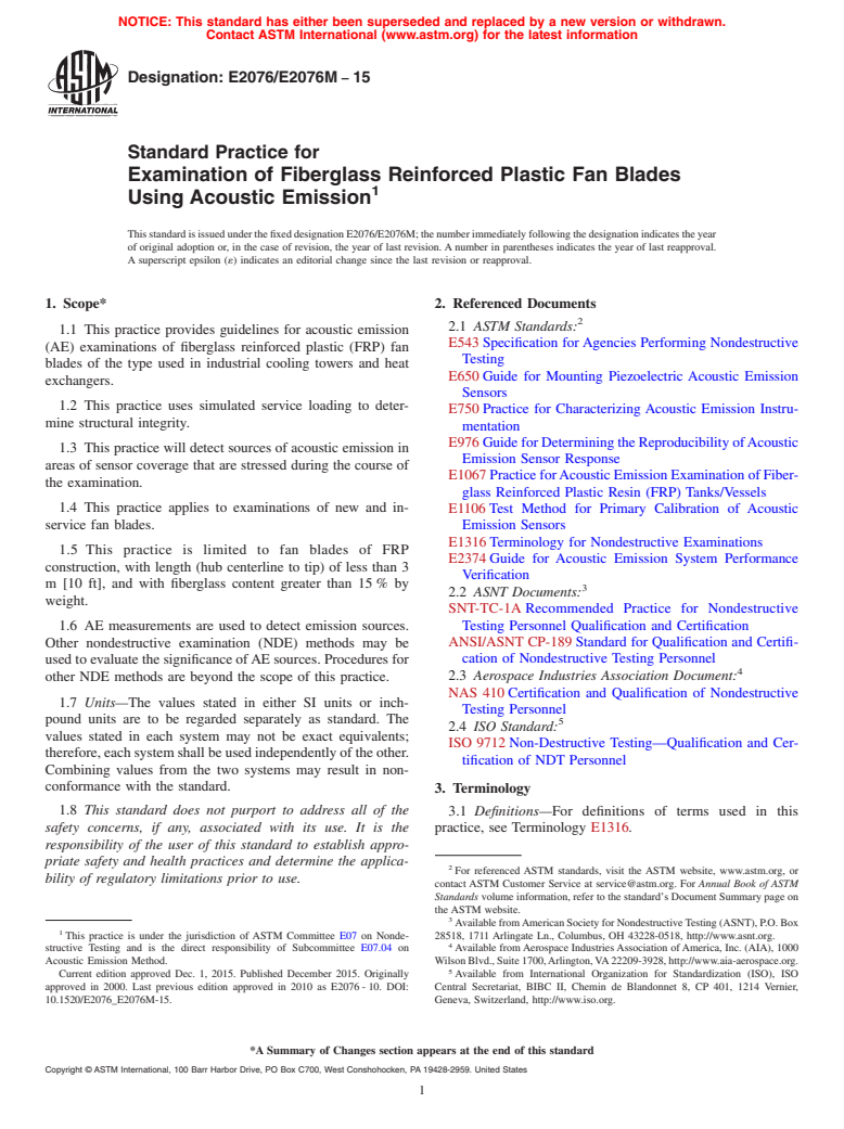 ASTM E2076/E2076M-15 - Standard Practice for  Examination of Fiberglass Reinforced Plastic Fan Blades Using  Acoustic Emission