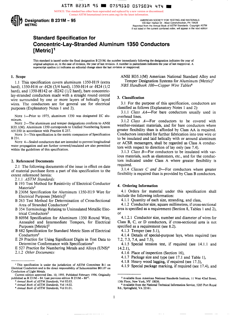 ASTM B231M-95 - Standard Specification for Concentric-Lay-Stranded Aluminum 1350 Conductors [Metric] (Withdrawn 1999)