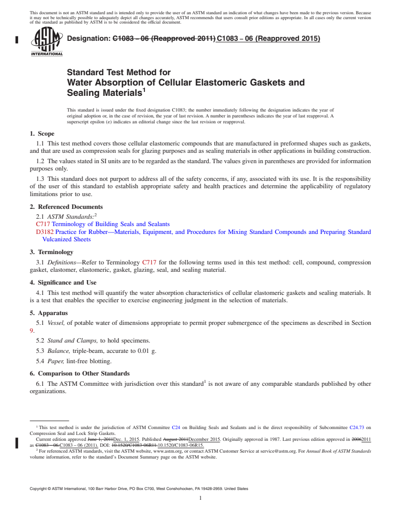 REDLINE ASTM C1083-06(2015) - Standard Test Method for  Water Absorption of Cellular Elastomeric Gaskets and Sealing  Materials