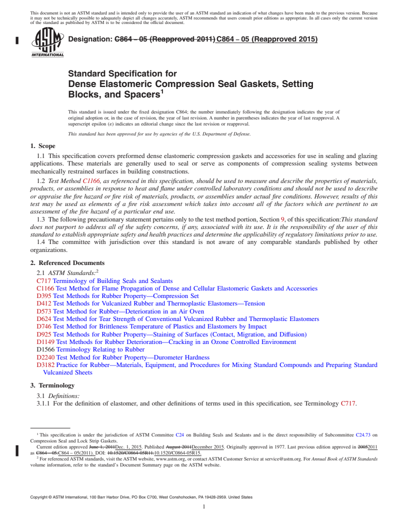 REDLINE ASTM C864-05(2015) - Standard Specification for  Dense Elastomeric Compression Seal Gaskets, Setting Blocks,  and Spacers