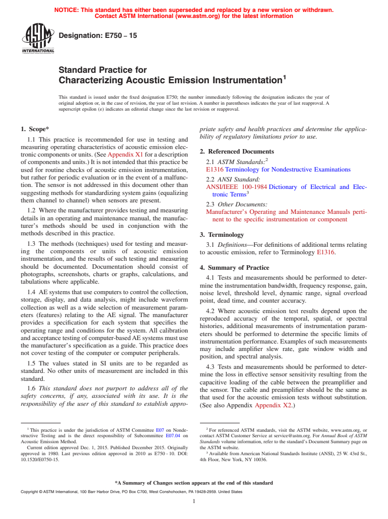 ASTM E750-15 - Standard Practice for  Characterizing Acoustic Emission Instrumentation
