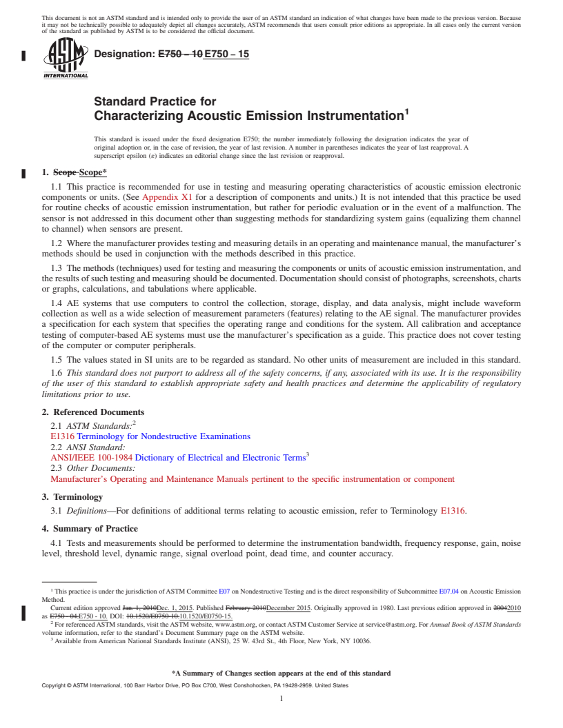 REDLINE ASTM E750-15 - Standard Practice for  Characterizing Acoustic Emission Instrumentation