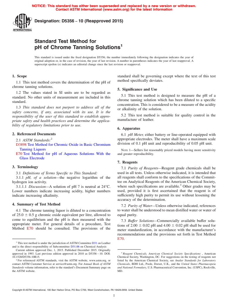 ASTM D5356-10(2015) - Standard Test Method for  pH of Chrome Tanning Solutions