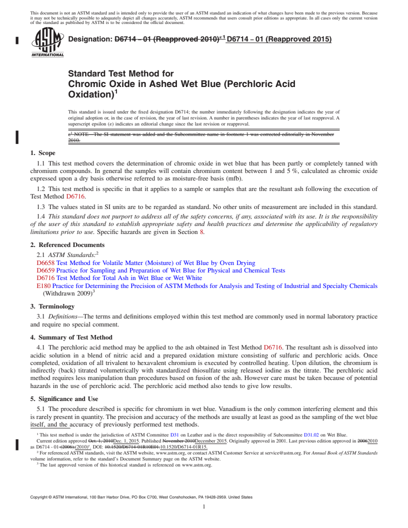 REDLINE ASTM D6714-01(2015) - Standard Test Method for  Chromic Oxide in Ashed Wet Blue (Perchloric Acid Oxidation)