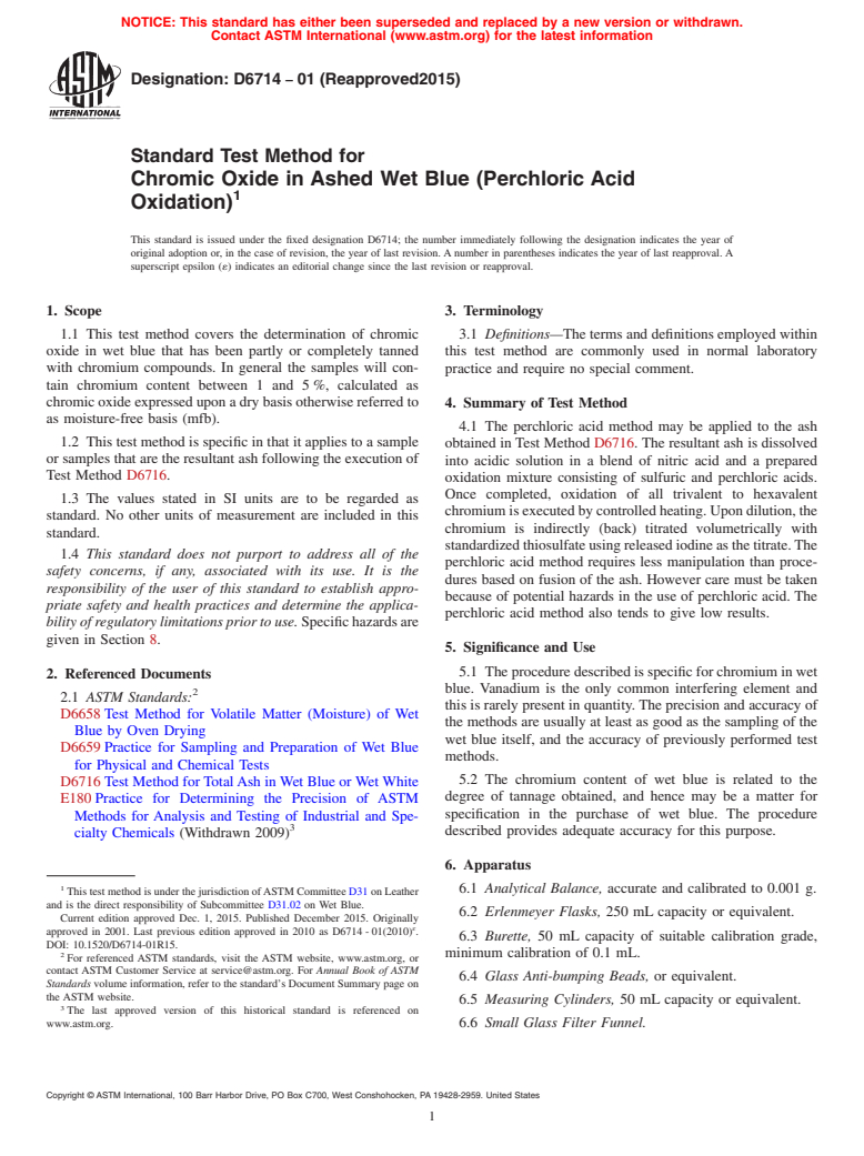 ASTM D6714-01(2015) - Standard Test Method for  Chromic Oxide in Ashed Wet Blue (Perchloric Acid Oxidation)