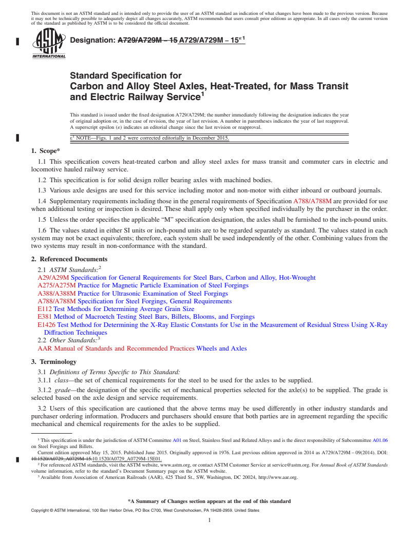 REDLINE ASTM A729/A729M-15e1 - Standard Specification for Carbon and Alloy Steel Axles, Heat-Treated, for Mass Transit  and Electric Railway Service