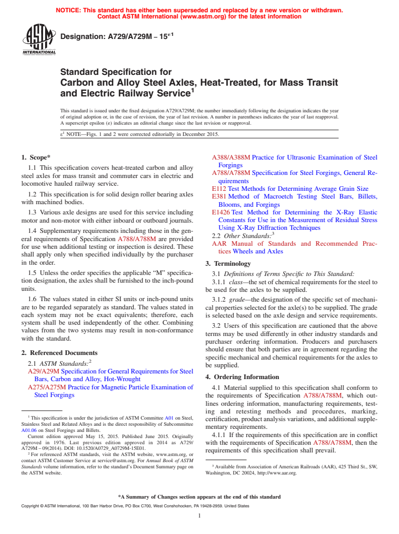 ASTM A729/A729M-15e1 - Standard Specification for Carbon and Alloy Steel Axles, Heat-Treated, for Mass Transit  and Electric Railway Service