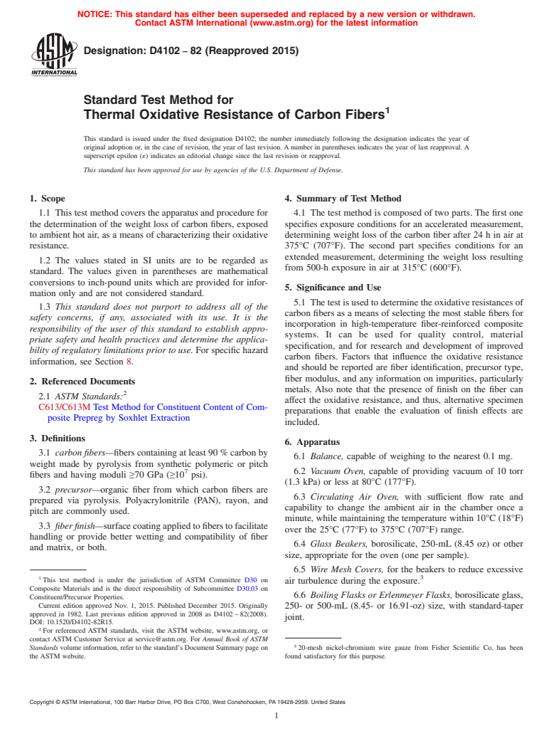 ASTM D4102-82(2015) - Standard Test Method for  Thermal Oxidative Resistance of Carbon Fibers