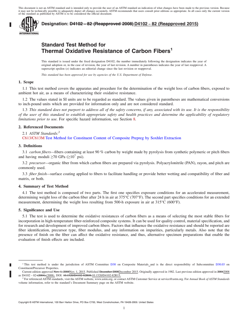 REDLINE ASTM D4102-82(2015) - Standard Test Method for  Thermal Oxidative Resistance of Carbon Fibers