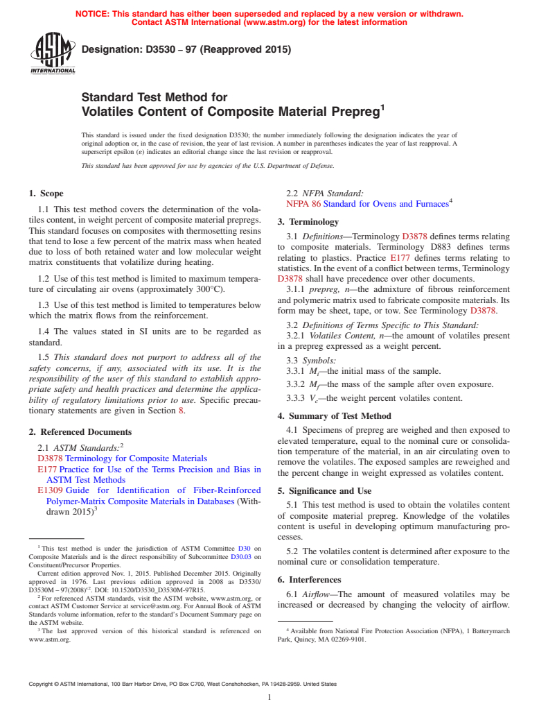 ASTM D3530-97(2015) - Standard Test Method for  Volatiles Content of Composite Material Prepreg