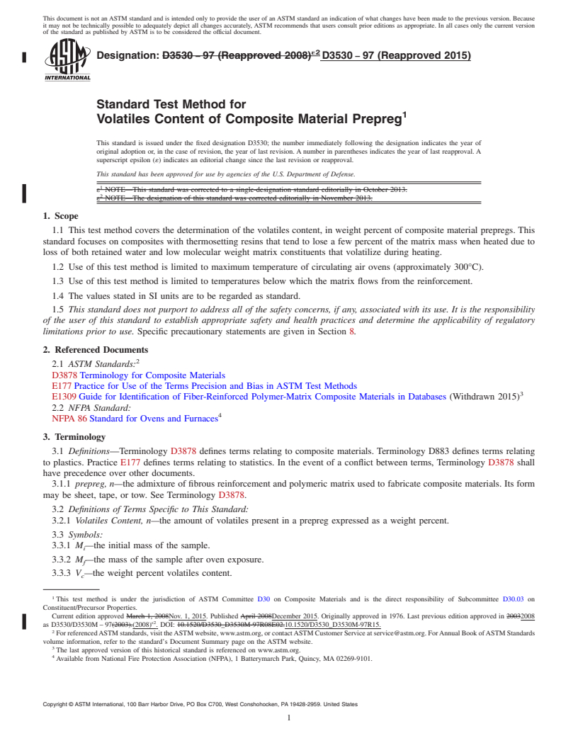 REDLINE ASTM D3530-97(2015) - Standard Test Method for  Volatiles Content of Composite Material Prepreg