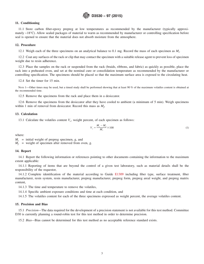 REDLINE ASTM D3530-97(2015) - Standard Test Method for  Volatiles Content of Composite Material Prepreg