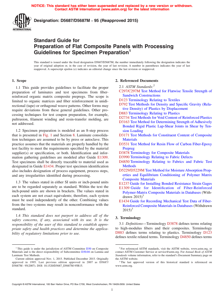 ASTM D5687/D5687M-95(2015) - Standard Guide for  Preparation of Flat Composite Panels with Processing Guidelines  for Specimen Preparation