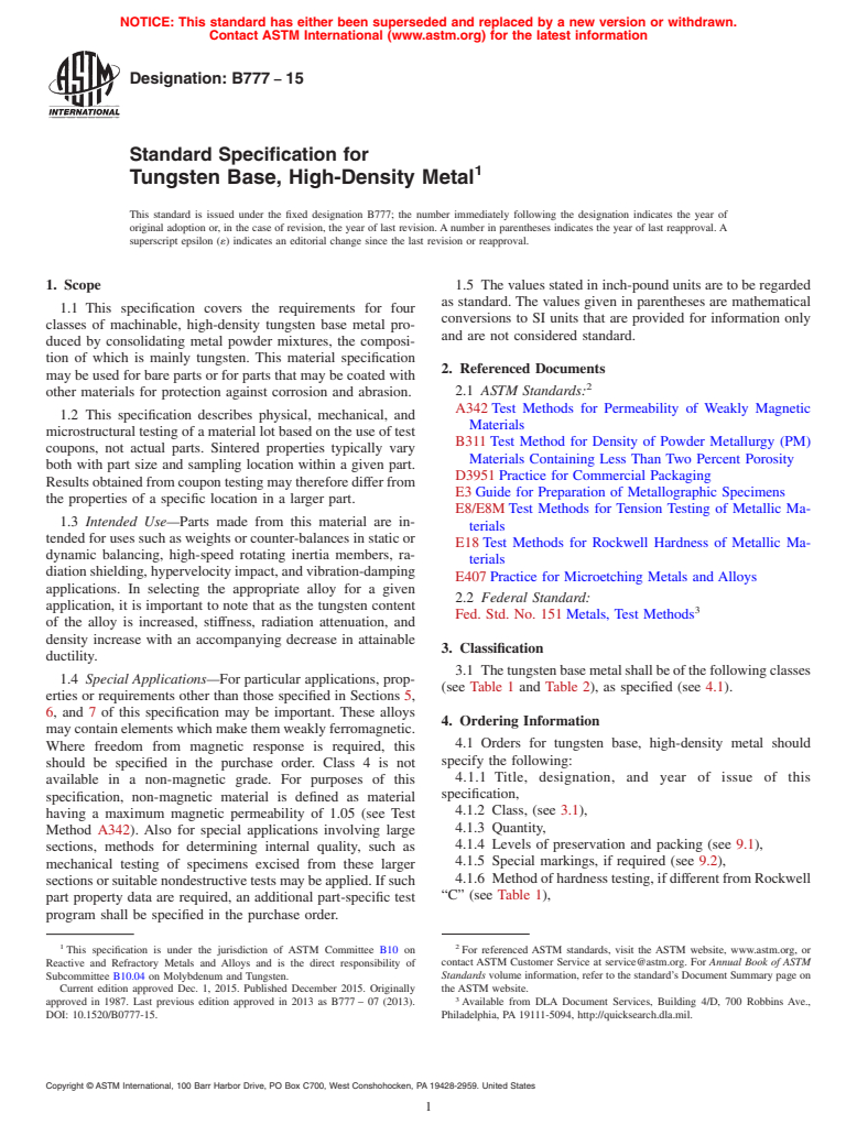 ASTM B777-15 - Standard Specification for Tungsten Base, High-Density Metal