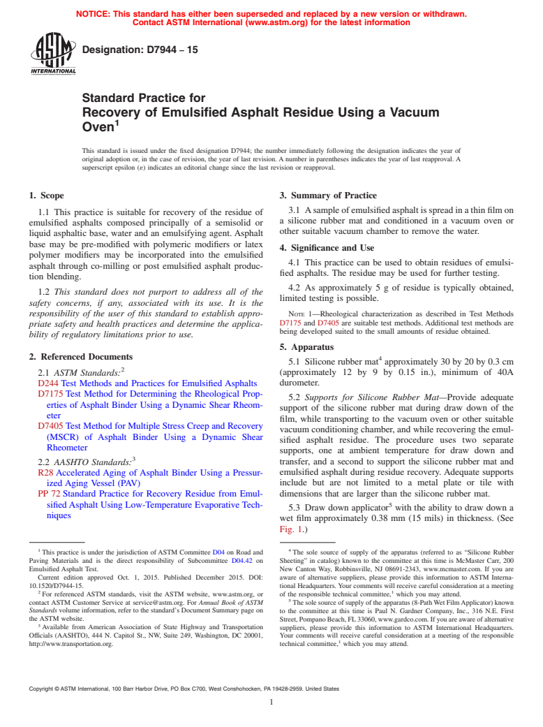 ASTM D7944-15 - Standard Practice for Recovery of Emulsified Asphalt Residue Using a Vacuum Oven