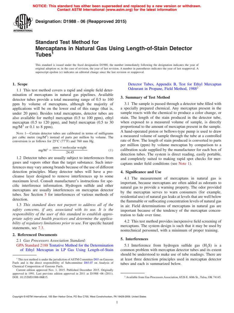 ASTM D1988-06(2015) - Standard Test Method for  Mercaptans in Natural Gas Using Length-of-Stain Detector Tubes