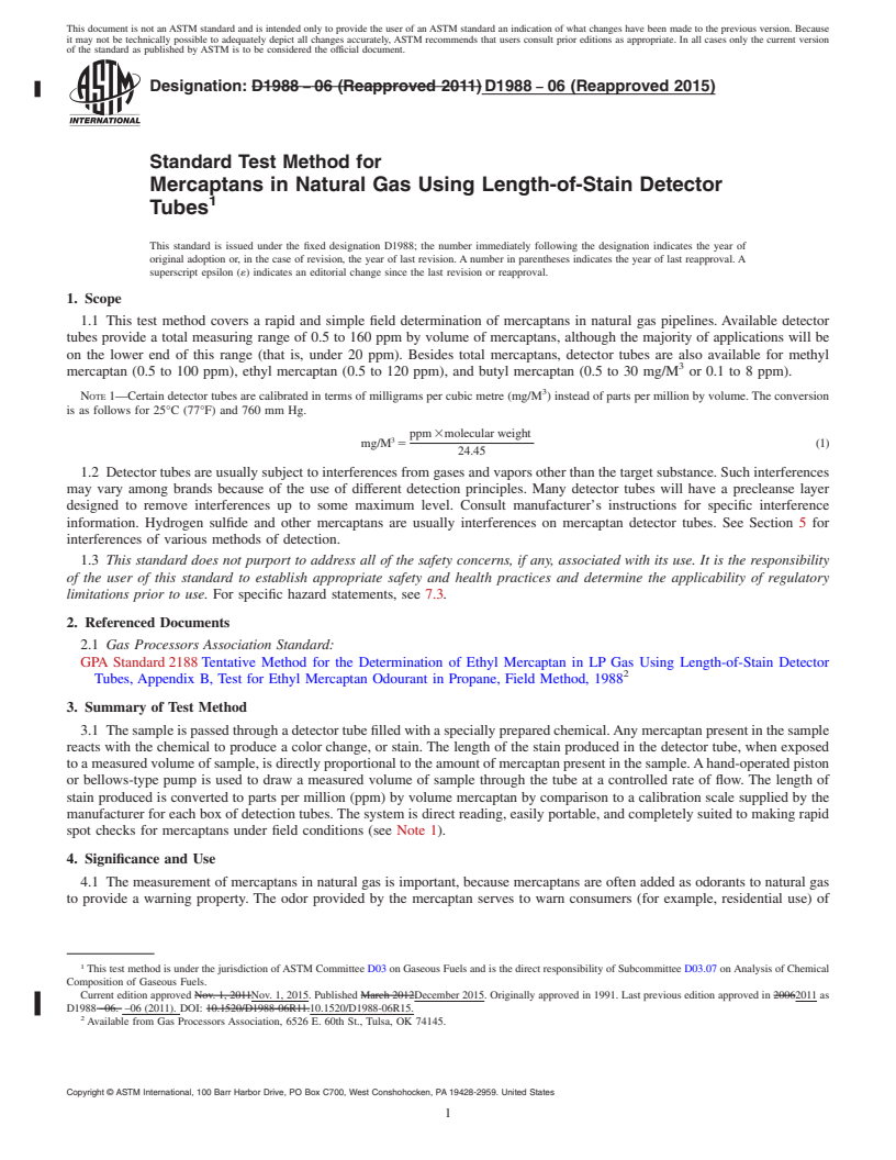 REDLINE ASTM D1988-06(2015) - Standard Test Method for  Mercaptans in Natural Gas Using Length-of-Stain Detector Tubes