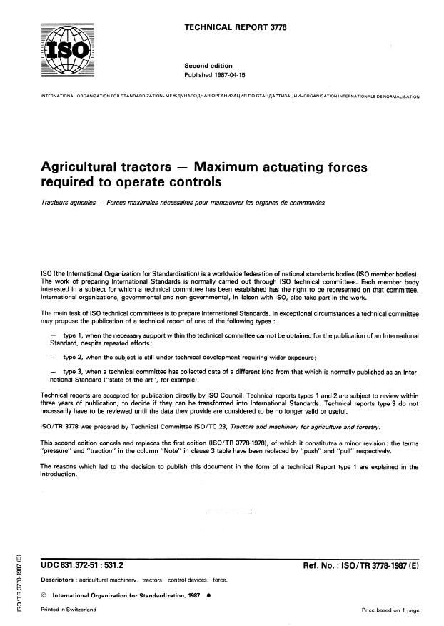 ISO/TR 3778:1987 - Agricultural tractors -- Maximum actuating forces required to operate controls