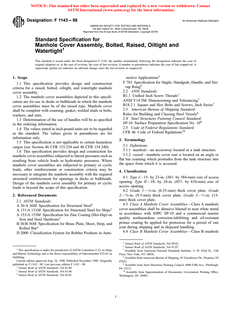 ASTM F1143-98 - Standard Specification for Manhole Cover Assembly, Bolted, Raised, Oiltight and Watertight