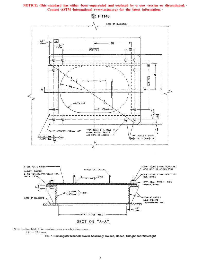 ASTM F1143-98 - Standard Specification for Manhole Cover Assembly, Bolted, Raised, Oiltight and Watertight