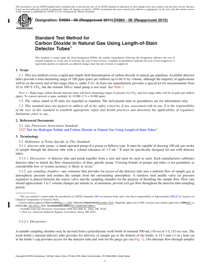 REDLINE ASTM D4984-06(2015) - Standard Test Method for  Carbon Dioxide in Natural Gas Using Length-of-Stain Detector  Tubes