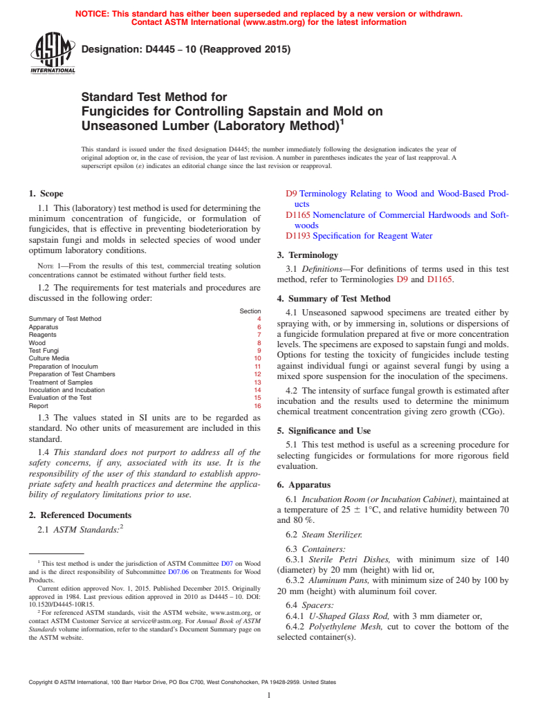 ASTM D4445-10(2015) - Standard Test Method for Fungicides for Controlling Sapstain and Mold on Unseasoned   Lumber (Laboratory Method)