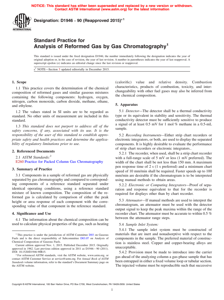 ASTM D1946-90(2015)e1 - Standard Practice for  Analysis of Reformed Gas by Gas Chromatography