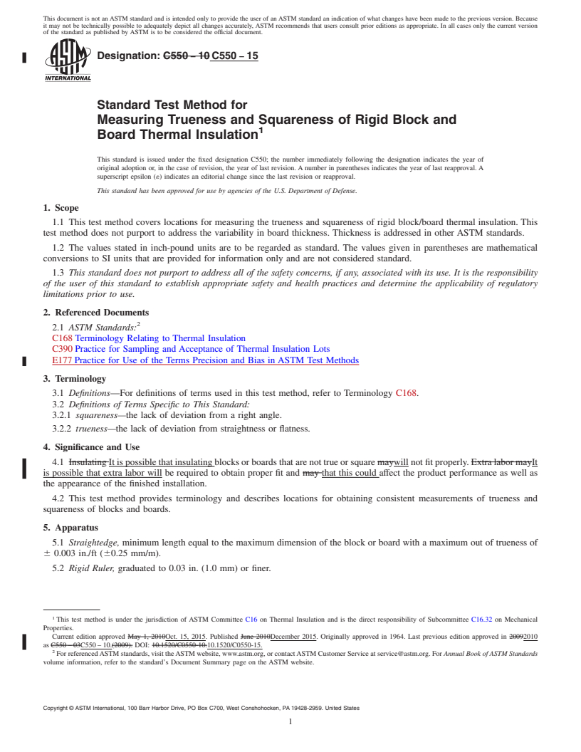 REDLINE ASTM C550-15 - Standard Test Method for  Measuring Trueness and Squareness of Rigid Block and Board  Thermal Insulation