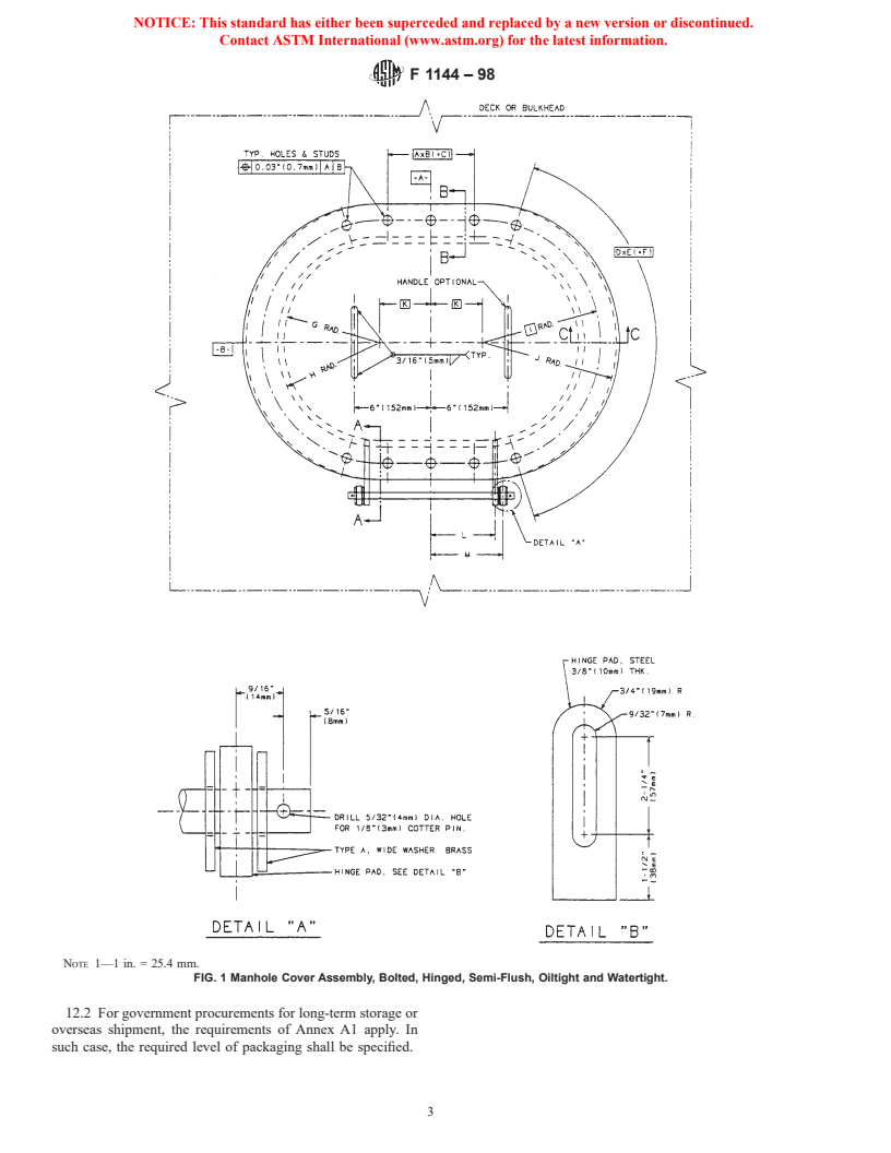 ASTM F1144-98 - Standard Specification for Manhole Cover Assembly, Bolted, Semi-Flush, Oiltight and Watertight, Hinged