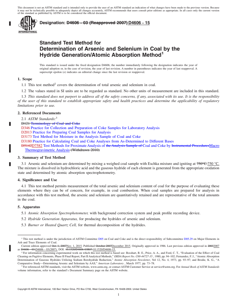 REDLINE ASTM D4606-15 - Standard Test Method for  Determination of Arsenic and Selenium in Coal by the Hydride  Generation/Atomic Absorption Method