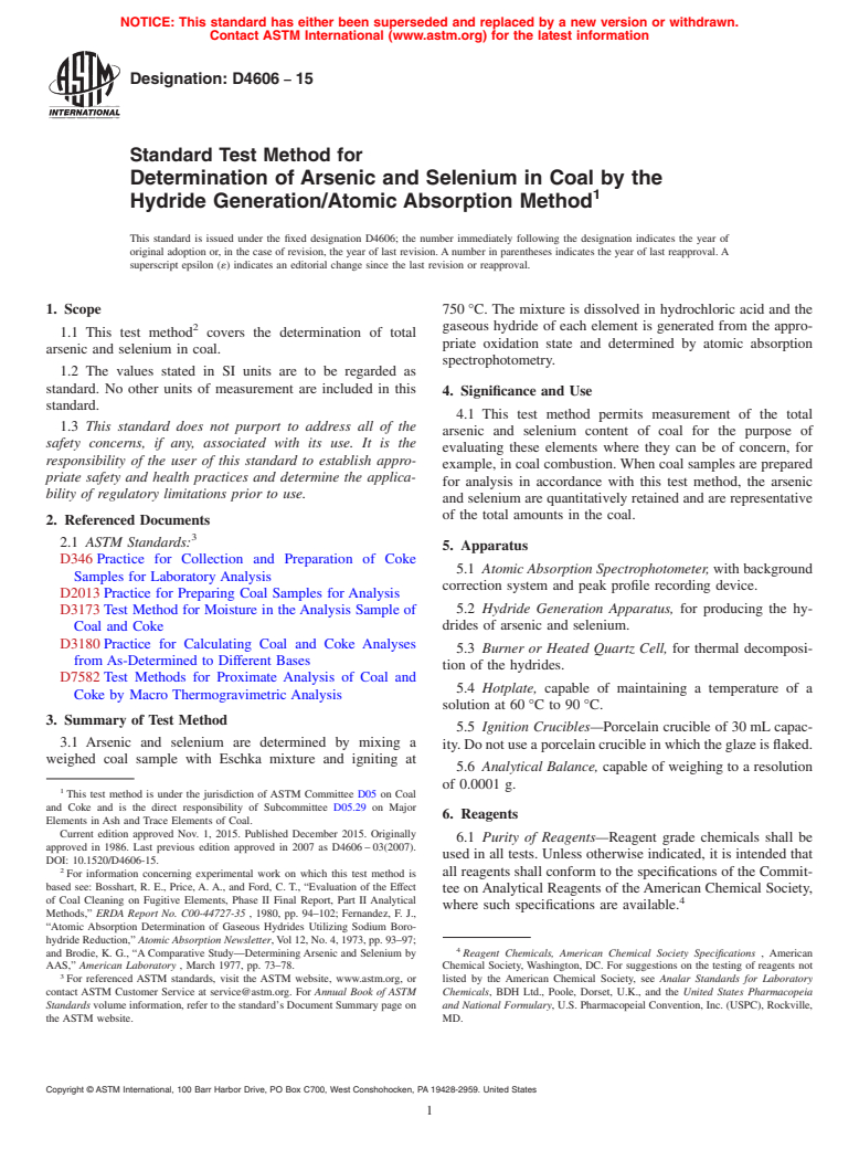 ASTM D4606-15 - Standard Test Method for  Determination of Arsenic and Selenium in Coal by the Hydride  Generation/Atomic Absorption Method