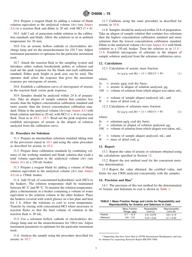 ASTM D4606-15 - Standard Test Method for  Determination of Arsenic and Selenium in Coal by the Hydride  Generation/Atomic Absorption Method