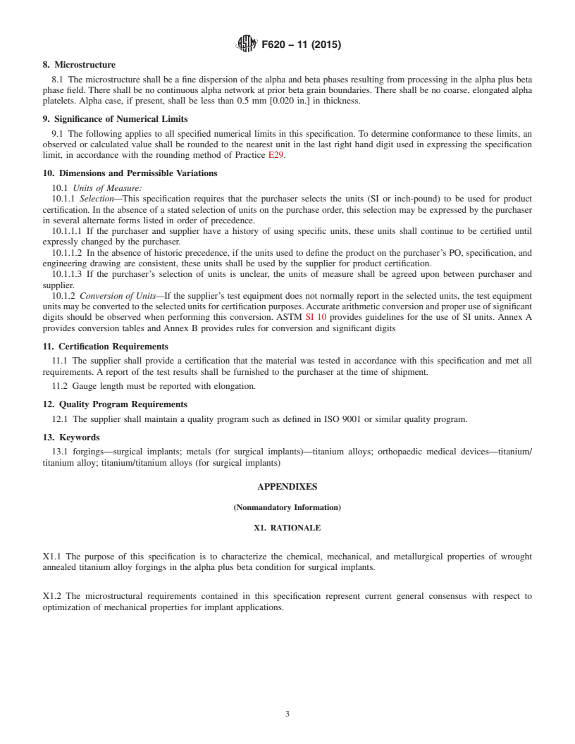 REDLINE ASTM F620-11(2015) - Standard Specification for  Titanium Alloy Forgings for Surgical Implants in the Alpha  Plus Beta Condition