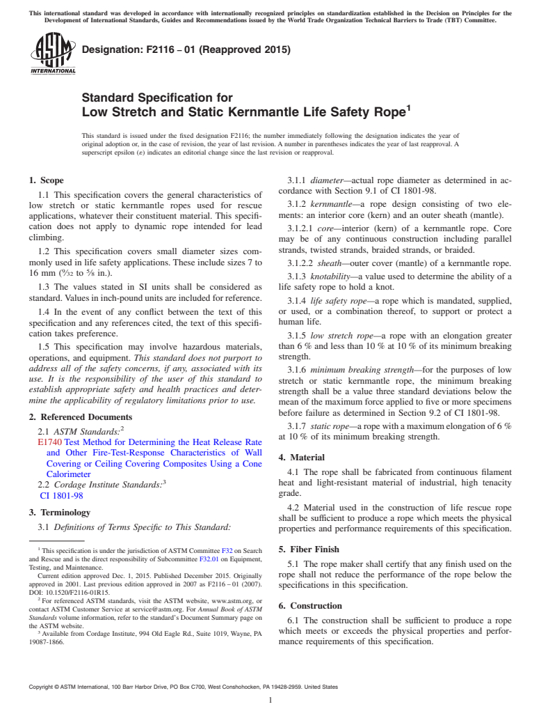 ASTM F2116-01(2015) - Standard Specification for  Low Stretch and Static Kernmantle Life Safety Rope