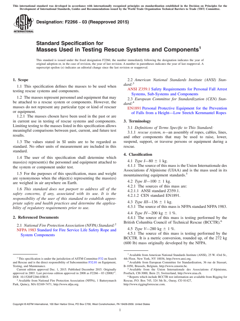 ASTM F2266-03(2015) - Standard Specification for  Masses Used in Testing Rescue Systems and Components