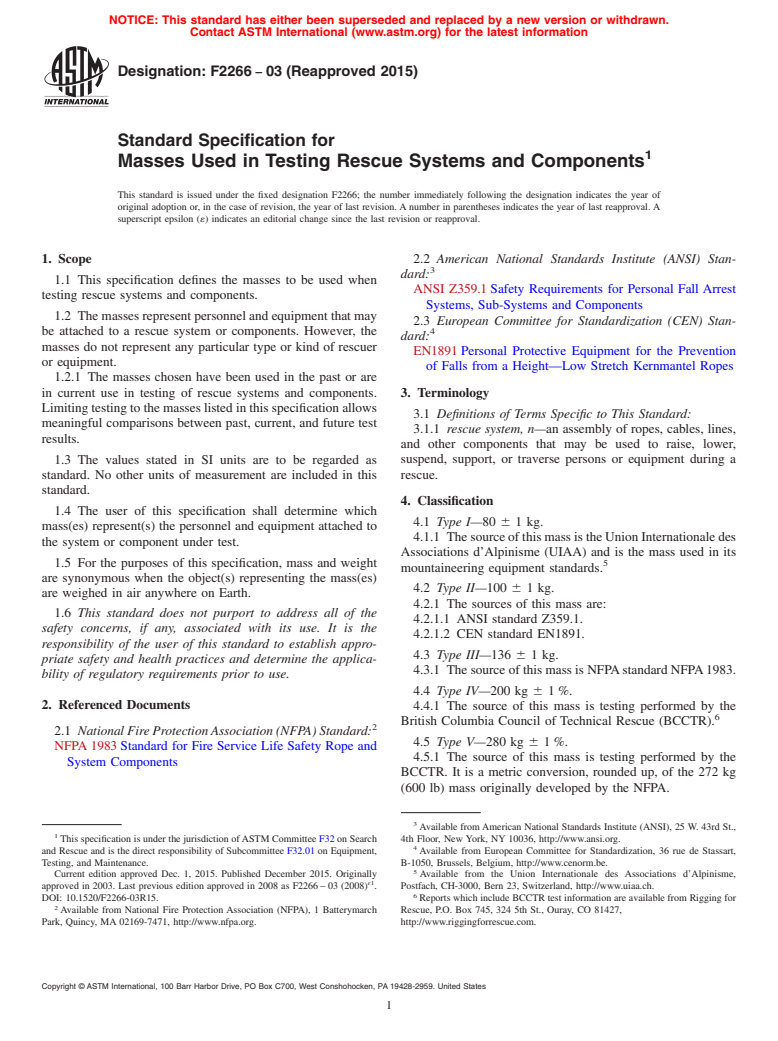 ASTM F2266-03(2015) - Standard Specification for  Masses Used in Testing Rescue Systems and Components (Withdrawn 2024)