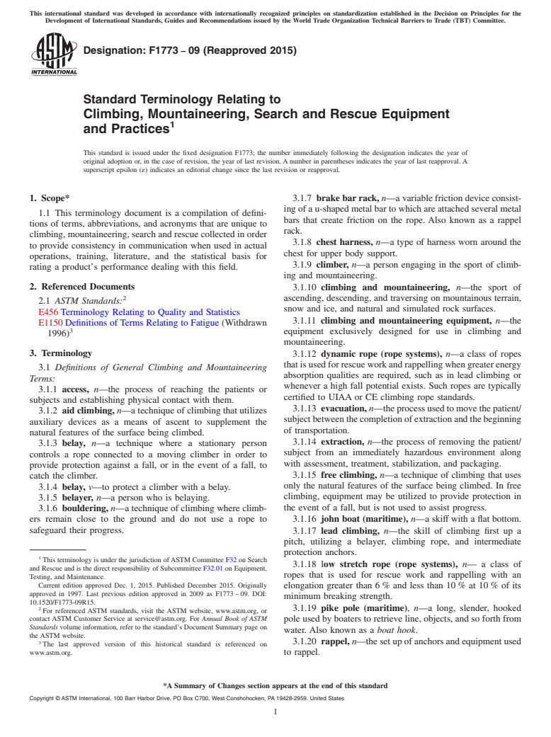 ASTM F1773-09(2015) - Standard Terminology Relating to  Climbing, Mountaineering, Search and Rescue Equipment and Practices